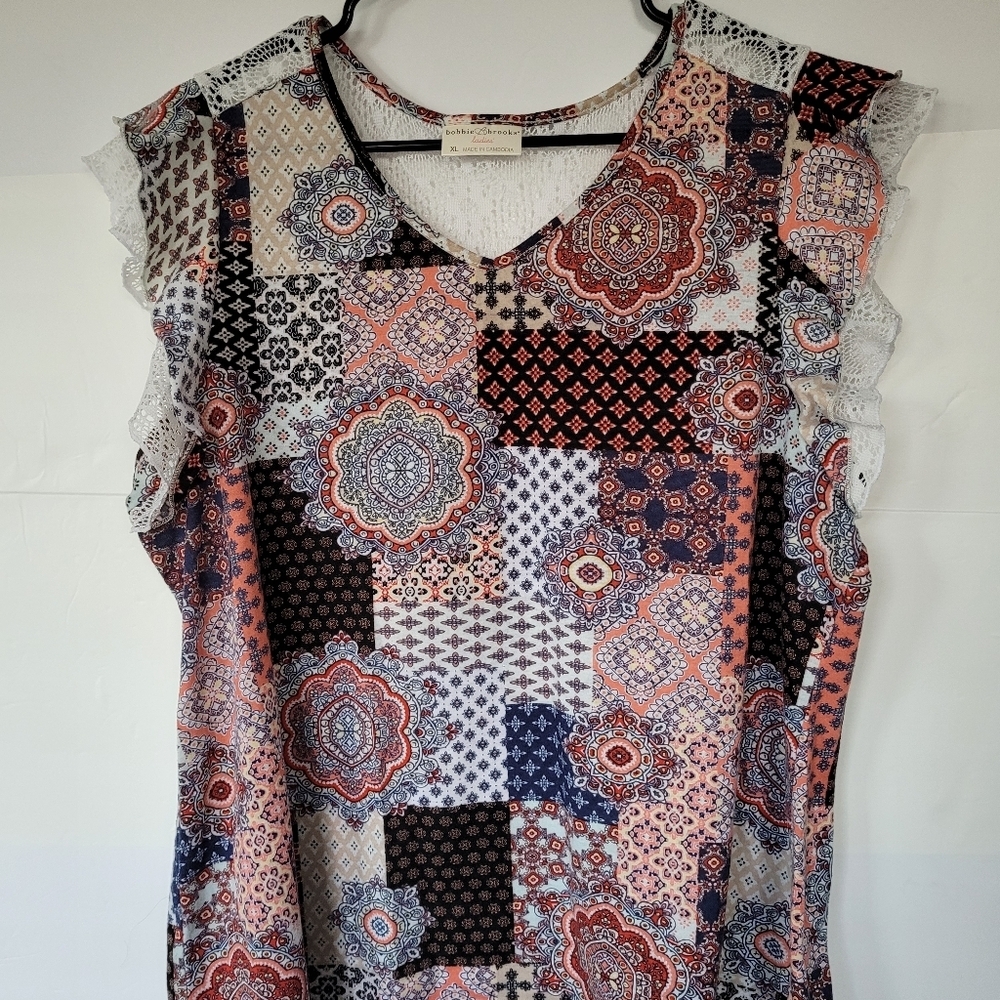 Bobbie Brooks Coral Navy Patchwork Flutter Sleeve Blouse Size XL